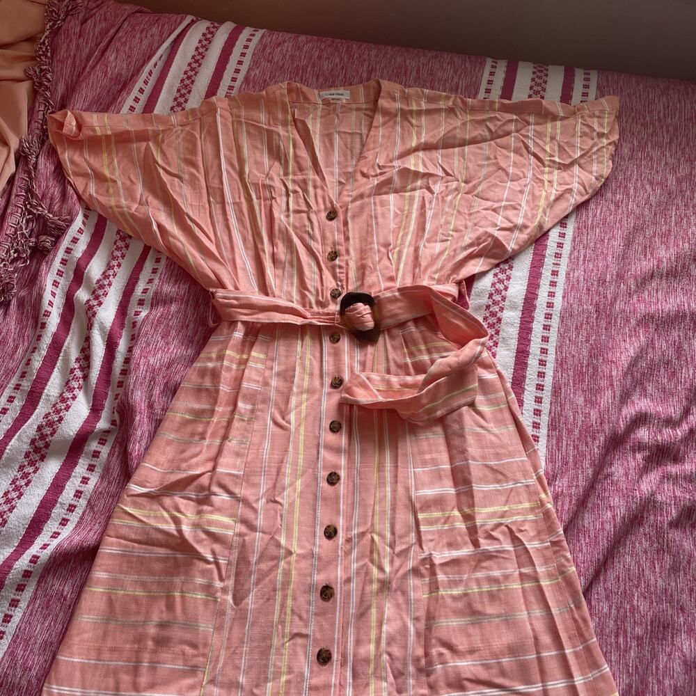 Calvin Klein Striped Peach Belted Maxi Dress Short Sleeve Pockets Size 4